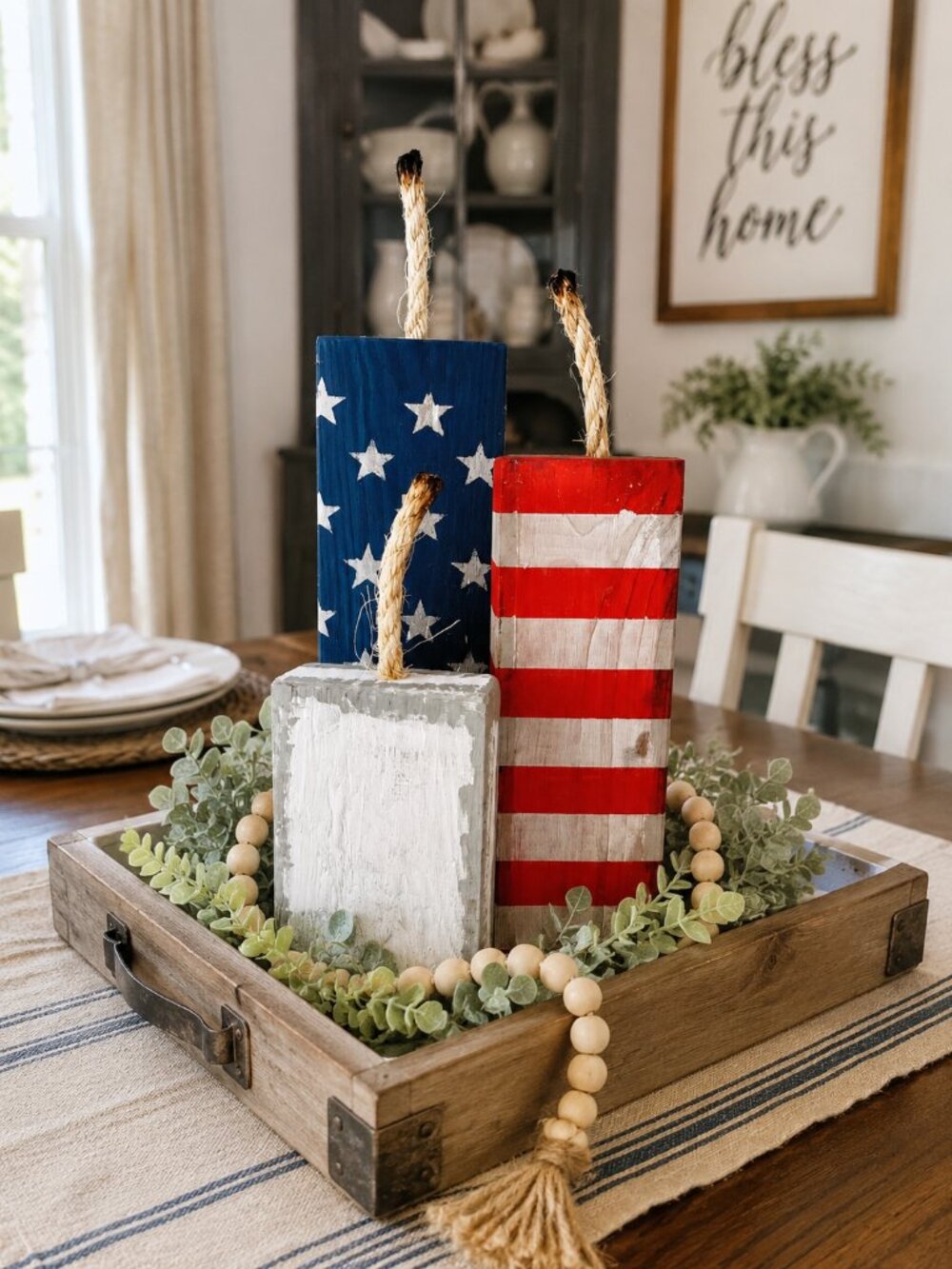 Primitive Handmade Rustic Wood Firecracker Blocks Set – Patriotic Decor 12", 10"